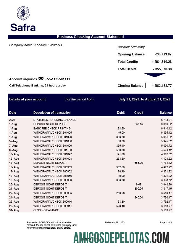 Em branco Banco Safra Business Statement Word And PDF modelo